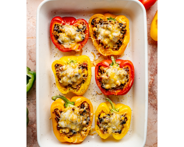 Baked quinoa stuffed bell peppers in a white baking dish, topped with melted golden-brown cheese and ready to serve.