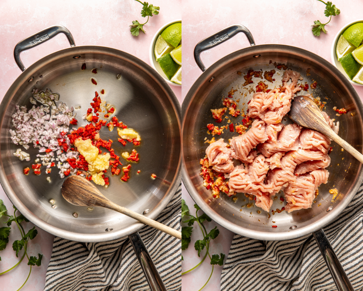 Side-by-side image of sauteeing ingredients in large skillet them adding raw ground chicken and breaking up with wooden spoon.