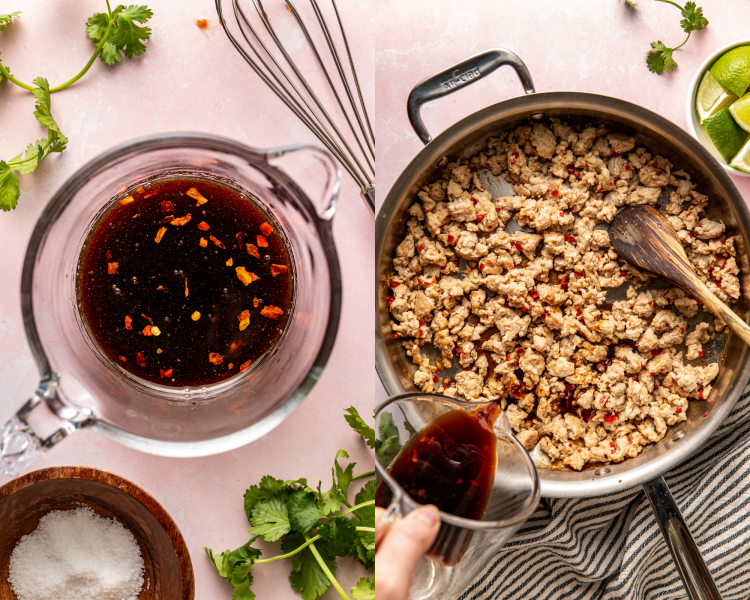 Side-by-side image of mixing thai sauce ingredients together in small mixing bowl then adding to cook ground chicken in large skillet.