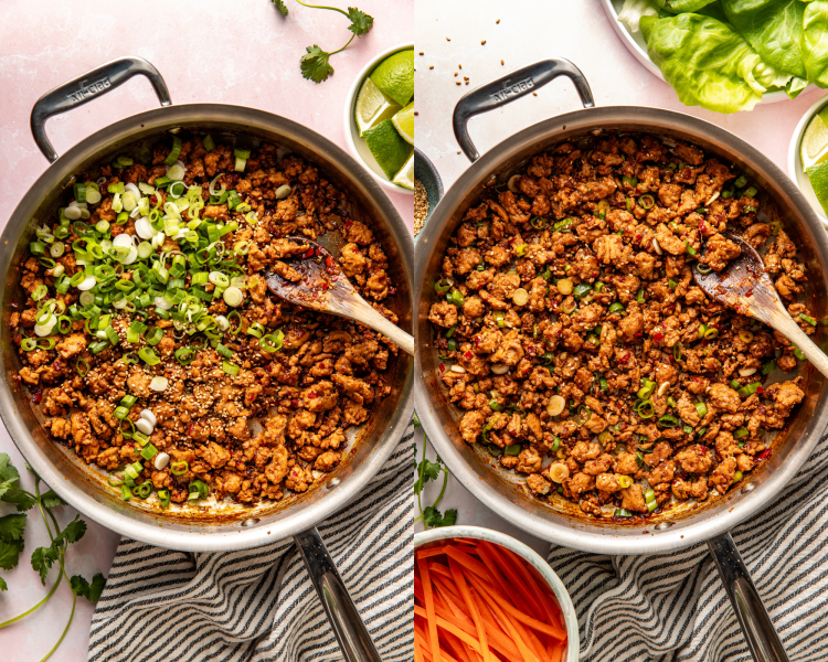 Side-by-side image of adding green onions and sesame seeds to chicken mixture in skillet.