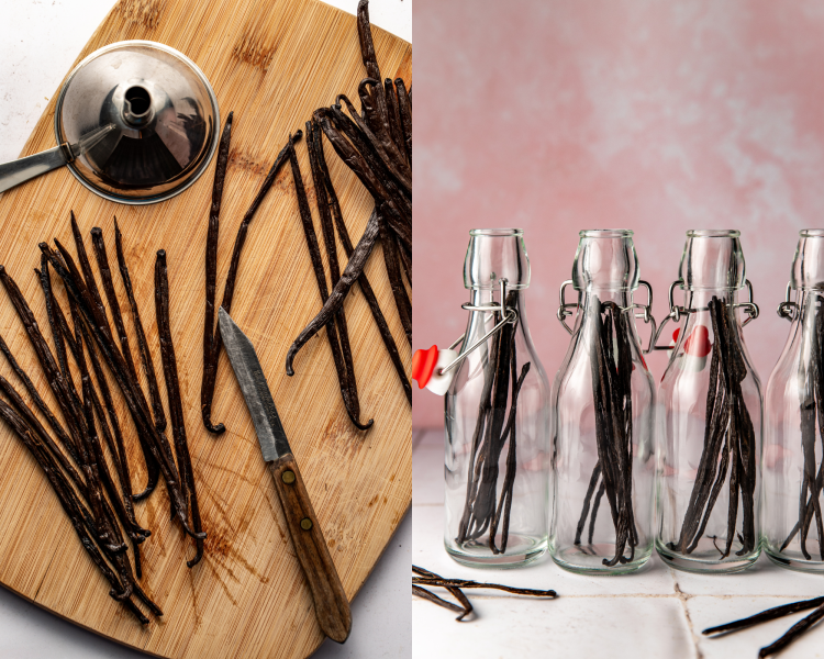 Side-by-side photo of slicing vanilla beans for homemade vanilla extract and placing them in small jars.