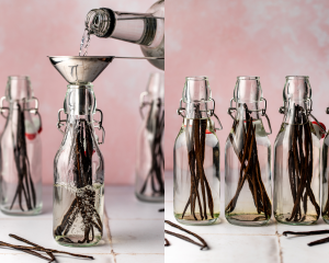 Side-by-side image of pouring vodka over vanilla beans and making sure they are completely submerged.