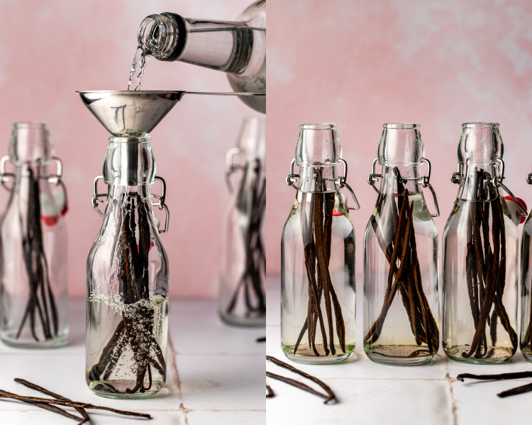 Side-by-side image of pouring vodka over vanilla beans and making sure they are completely submerged.