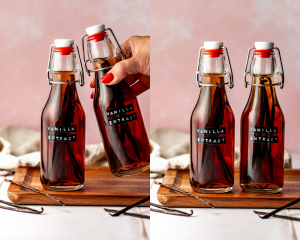 Side-by-side of shaking vanilla extract bottles to help with extraction and letting the bottles rest for 6-12 months to fully extract.
