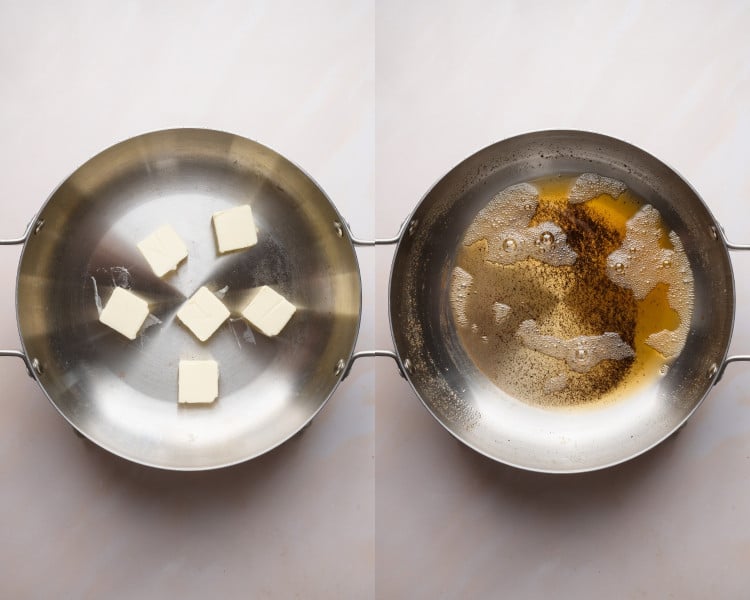 Side-by-side image showing the process of browning butter. The left side displays cubes of butter melting in a stainless steel pan, while the right side shows the fully browned butter with golden color and specks.