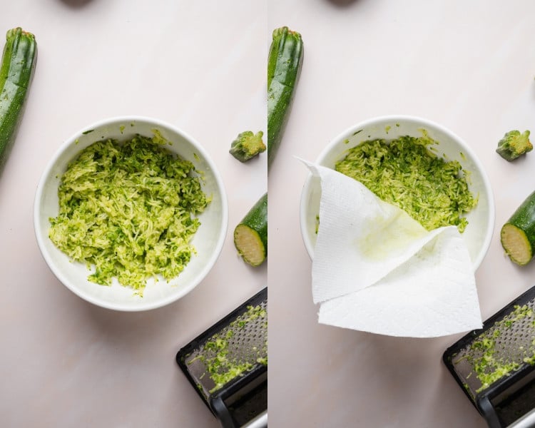 Two-step image of prepping zucchini. The left shows freshly grated zucchini in a bowl, and the right shows the zucchini being blotted with a paper towel to remove excess moisture.
