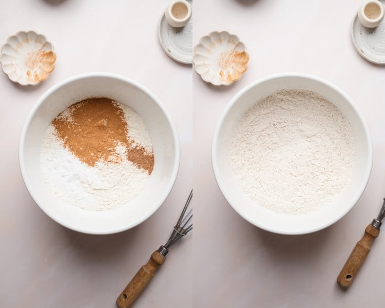 A bowl with dry ingredients. The left shows flour, cinnamon, baking soda, and other spices unmixed, while the right shows the ingredients fully whisked together into a uniform mixture.