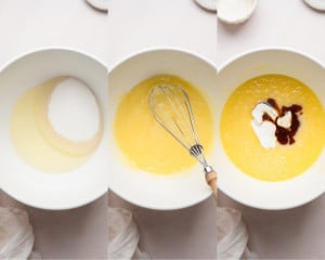 Three-step image showing wet ingredients being mixed. The first bowl contains sugar and oil, the second shows the mixture being whisked, and the third has sour cream and vanilla added to the mix.