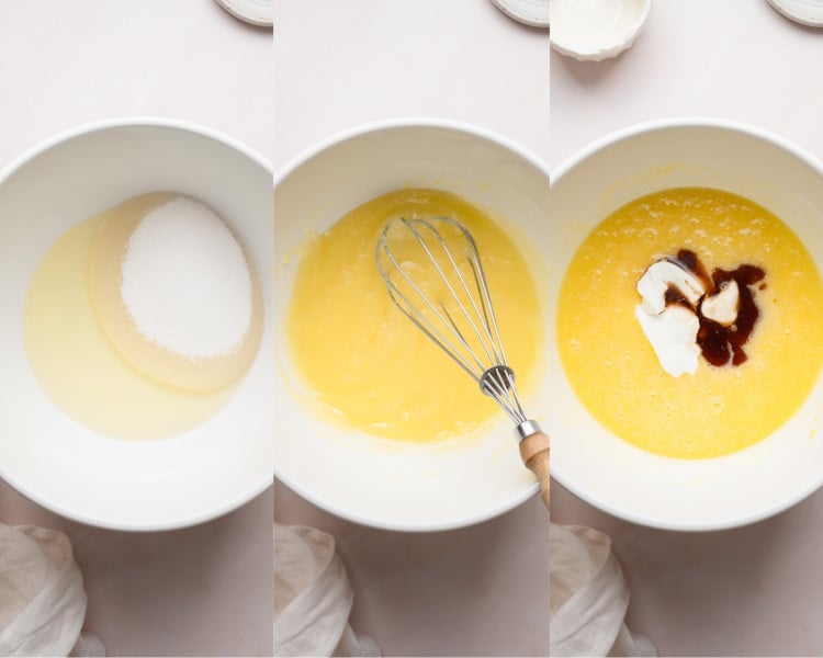 Three-step image showing wet ingredients being mixed. The first bowl contains sugar and oil, the second shows the mixture being whisked, and the third has sour cream and vanilla added to the mix.