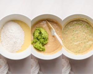 Three photos showing batter assembly. The first bowl shows flour added to wet ingredients, the second shows grated zucchini added to the partially mixed batter, and the third displays the fully mixed zucchini cake batter.
