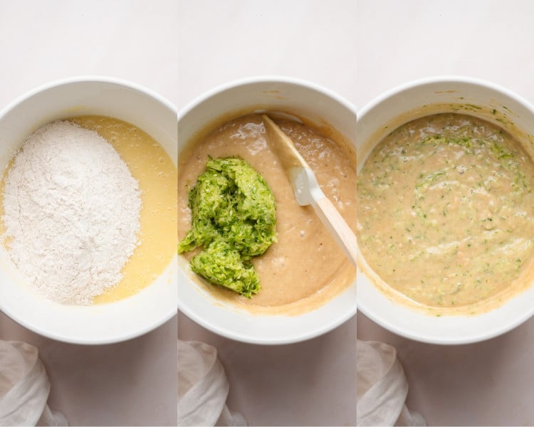 Three photos showing batter assembly. The first bowl shows flour added to wet ingredients, the second shows grated zucchini added to the partially mixed batter, and the third displays the fully mixed zucchini cake batter.