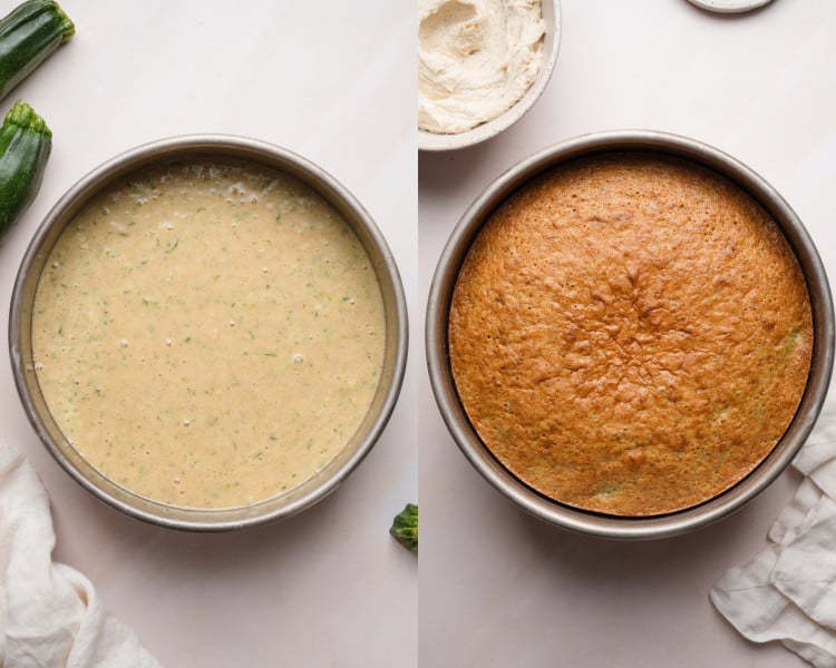 Two-step baking process. The left image shows raw zucchini cake batter poured into a round cake pan, and the right shows the cake fully baked to a golden brown.