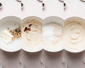 Four stages of frosting prep. The first bowl shows cream cheese and browned butter, the second shows the mixture partially beaten, the third has powdered sugar added, and the fourth displays the finished whipped frosting.