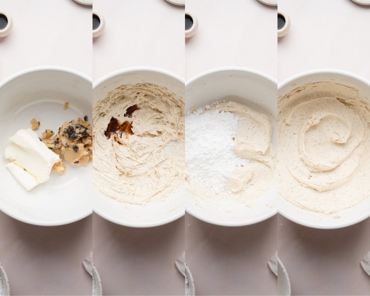 Four stages of frosting prep. The first bowl shows cream cheese and browned butter, the second shows the mixture partially beaten, the third has powdered sugar added, and the fourth displays the finished whipped frosting.