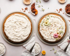 Side-by-side image of a frosted zucchini cake. The left shows a cake freshly frosted with swirls of cream cheese frosting, and the right shows the decorated version topped with chopped pecans and fresh edible flowers.