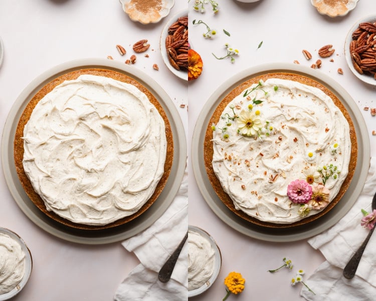 Side-by-side image of a frosted zucchini cake. The left shows a cake freshly frosted with swirls of cream cheese frosting, and the right shows the decorated version topped with chopped pecans and fresh edible flowers.