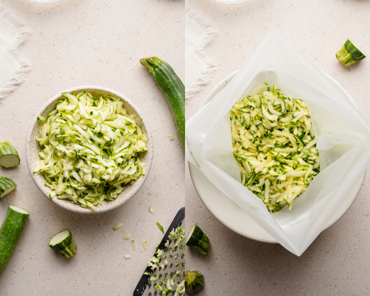Side-by-side image of shredded zucchini in bowl then squeezing liquid out of zucchini with nut milk bag.