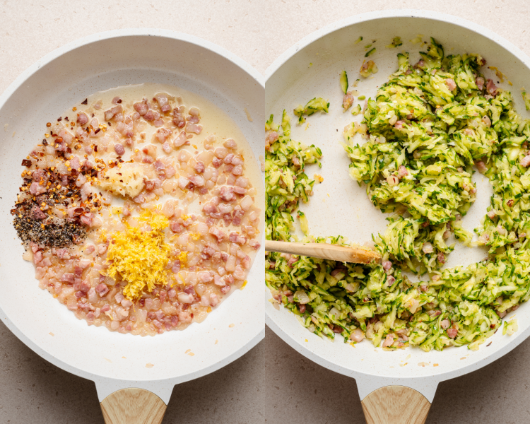 Side-by-side image of adding pancetta, onion and seasonings to a skillet then adding in the zucchini.