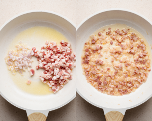 Side-by-side image of adding onion and pancetta to oil in a skillet and sauteing.