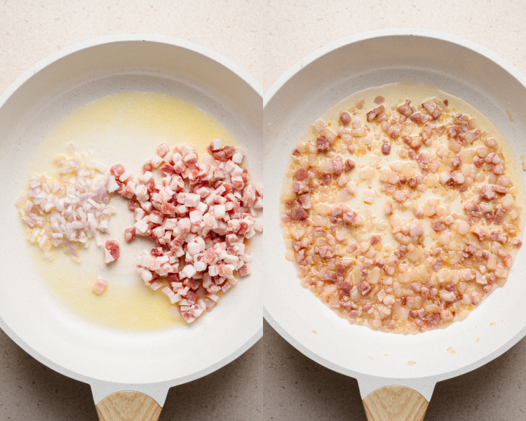 Side-by-side image of adding onion and pancetta to oil in a skillet and sauteing.