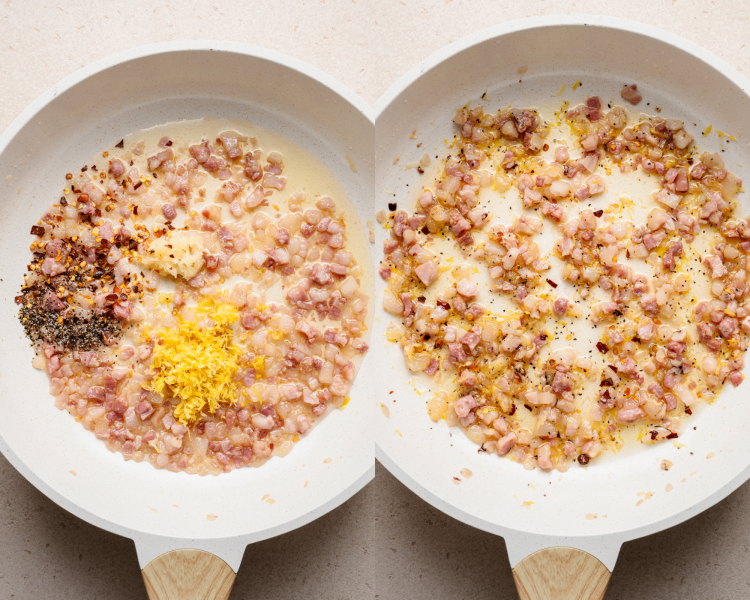 Side-by-side image of adding the seasonings to the onions and pancetta in a skillet and mixing together.