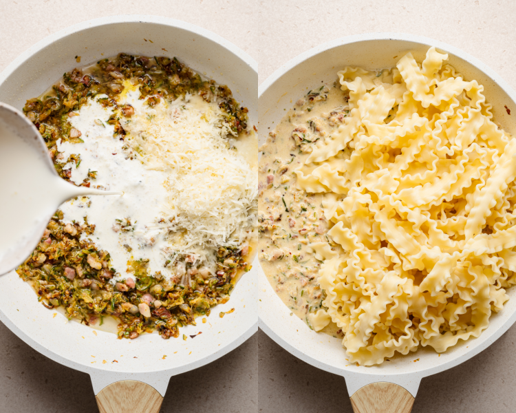 Side-by-side image of adding heavy cream and cheese to caramelized zucchini then adding in the cooked pasta.