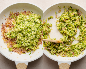 Side-by-side image of adding the drained zucchini to pancetta and onions in skillet and stirring together.