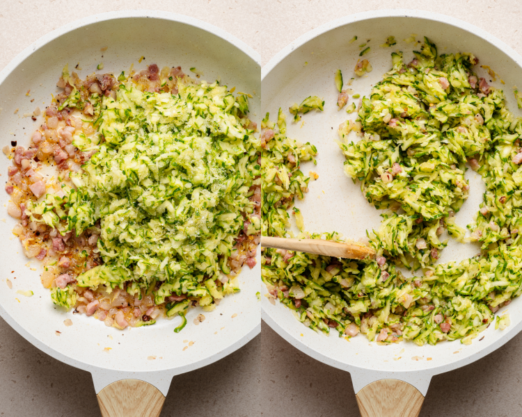 Side-by-side image of adding the drained zucchini to pancetta and onions in skillet and stirring together.