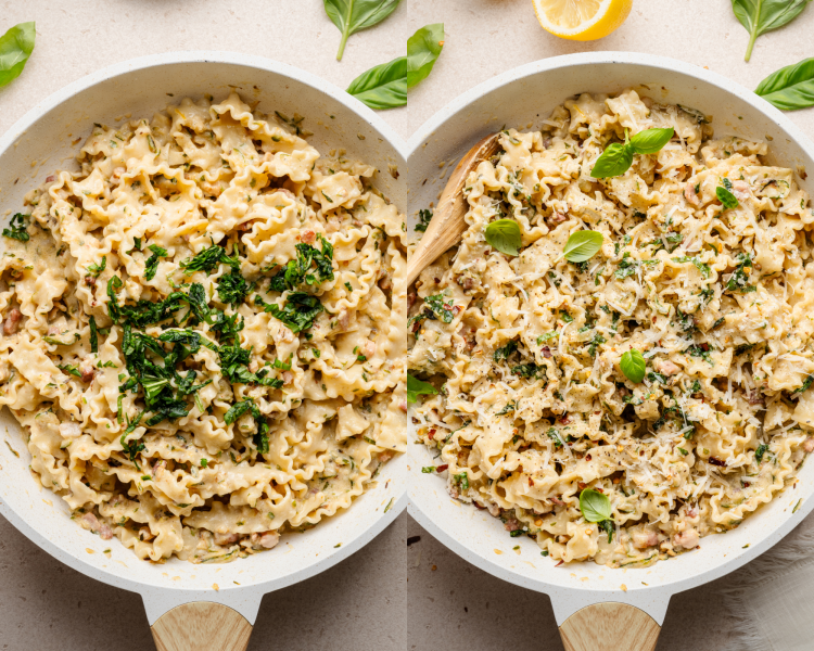 Side-by-side image of zucchini lemon pasta in skillet with fresh basil to be stirred in then finished pasta with fresh basil.