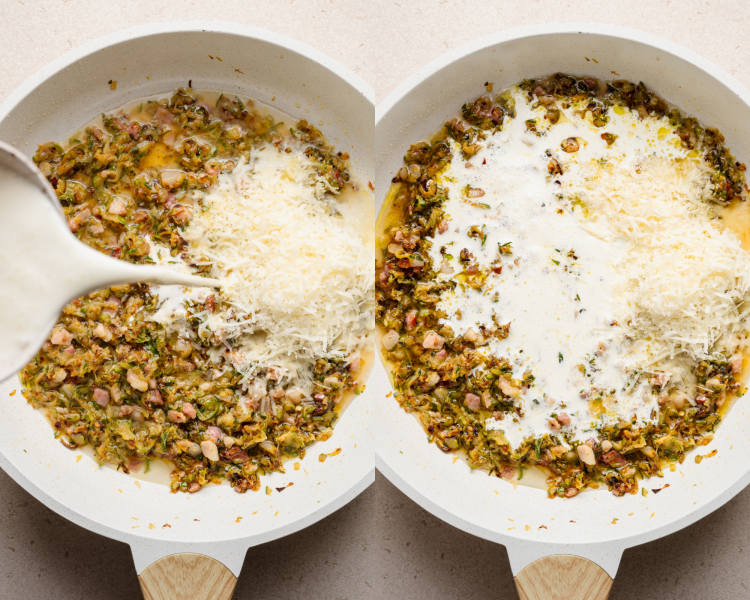 Side-by-side image of adding wet ingredients to zucchini in skillet.
