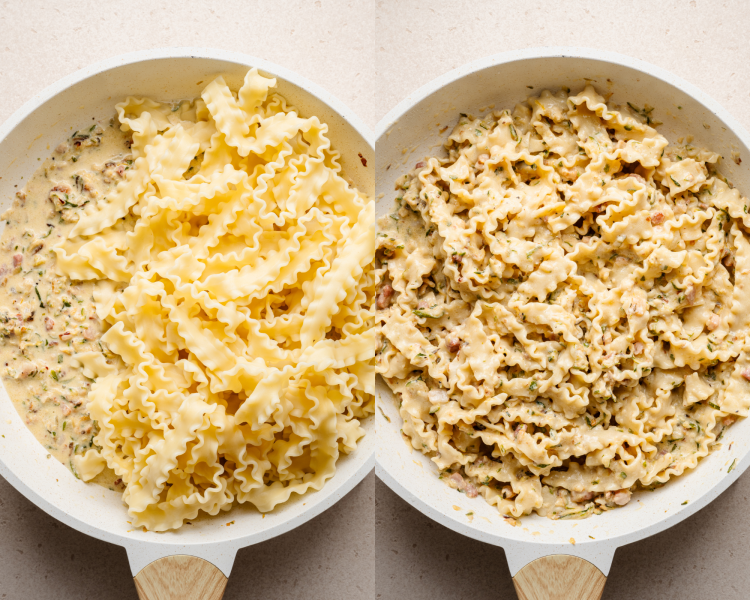 Side-by-side image of adding cooked pasta to zucchini and cream mixture then mixing everything together.