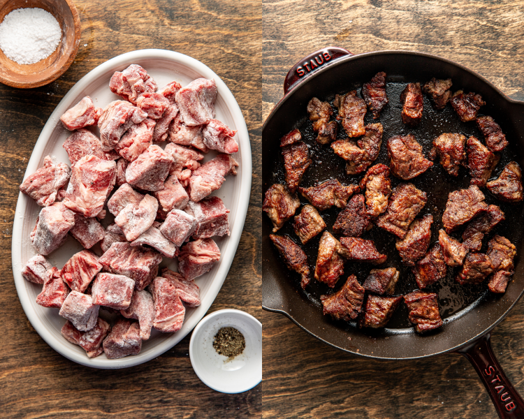 Side-by-side image of preparing the beef chuck then searing it in a hot cast iron pan.