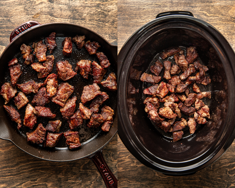 Side-by-side image of searing the beef in a hot cast iron skillet then placing in the bottom of the slow cooker.