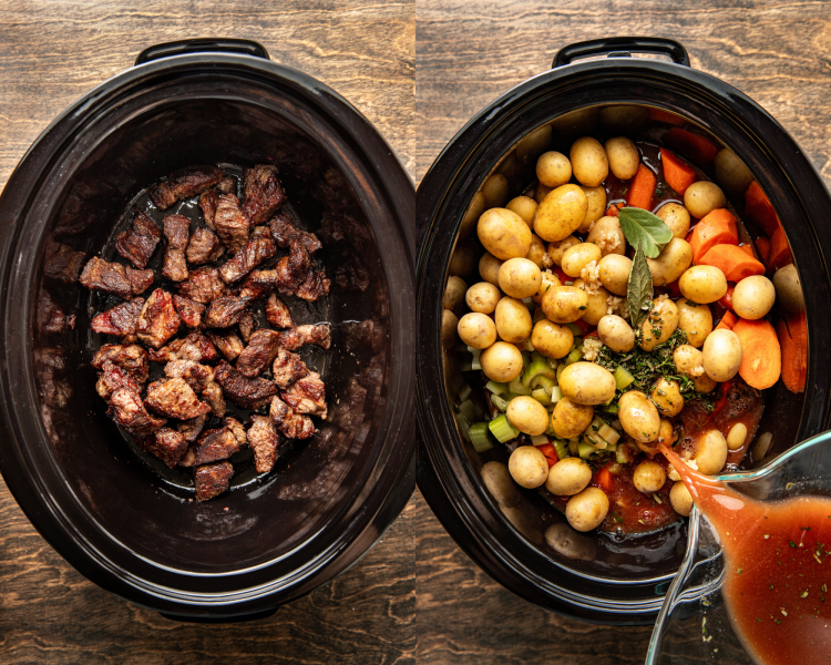 Side-by-side image of adding seared beef to the bottom of the crockpot them adding the rest of the ingredients on top and pouring the broth mixture.