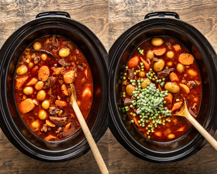Side-by-side image of beef stew cooked in crockpot for 8-10 hours on low then adding the frozen peas the last 15 minutes of cooking.