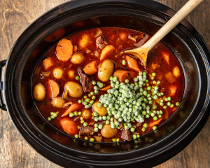 Adding the frozen peas the last 15 minutes of cooking the beef stew in the slow cooker.