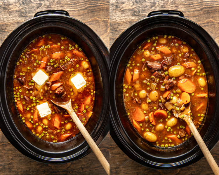 Side-by-side image of adding the cold butter at the end of cooking and mixing it all together with a wooden spoon.