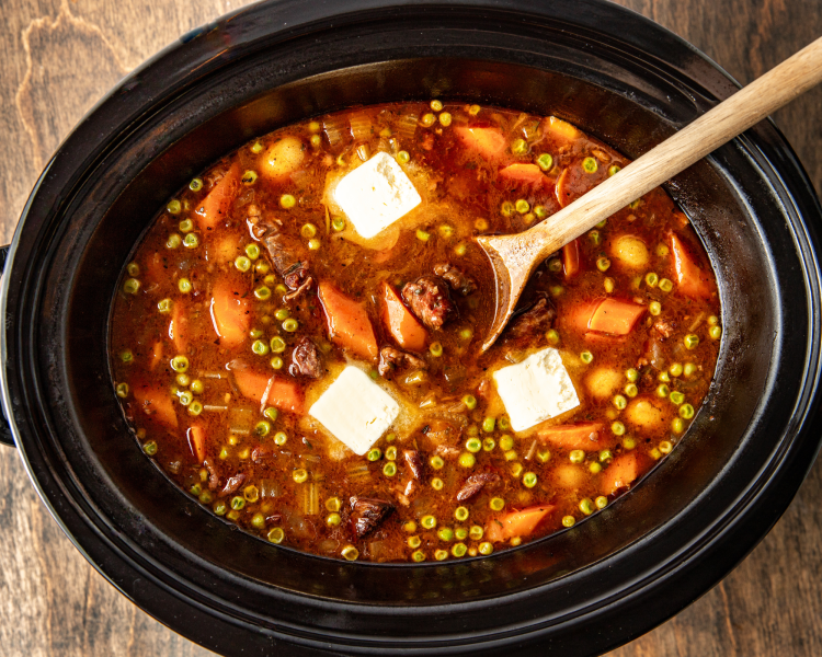 Adding the cold butter at the end of cooking beef stew.