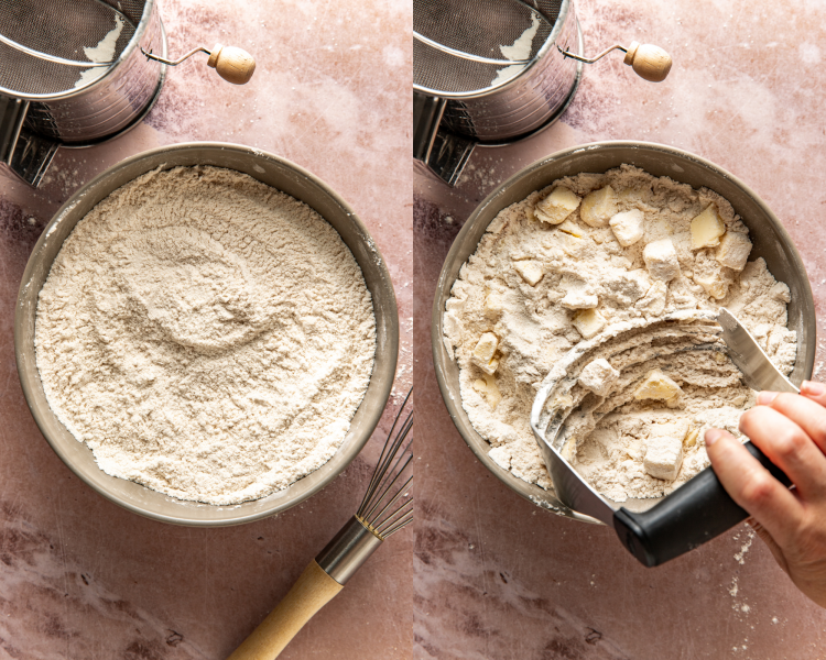 Side-by-side image of mixing together the dry ingredients then cutting in the cold butter with pastry cutter.