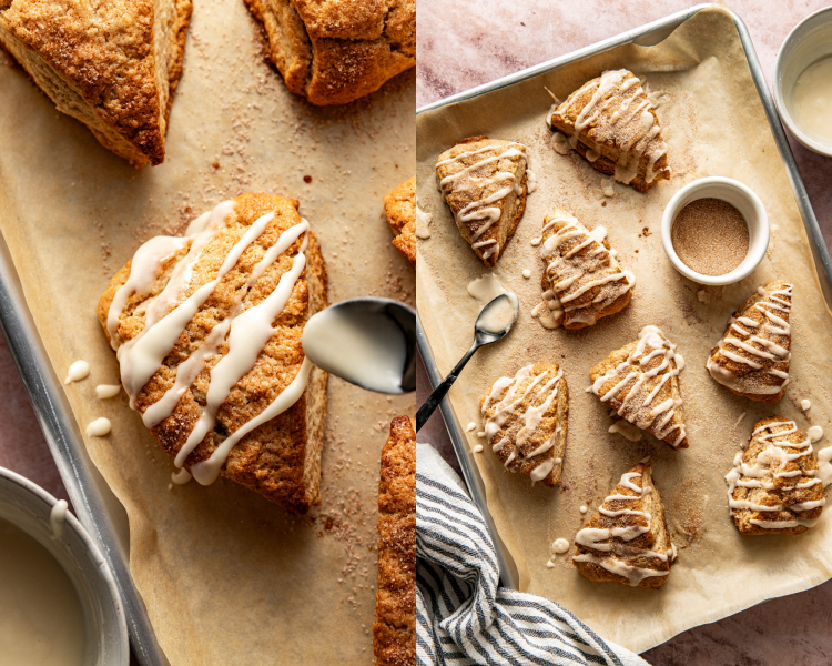 Side-by-side image of drizzling icing on baked scone then topping baked scones with cinnamons sugar mixture.