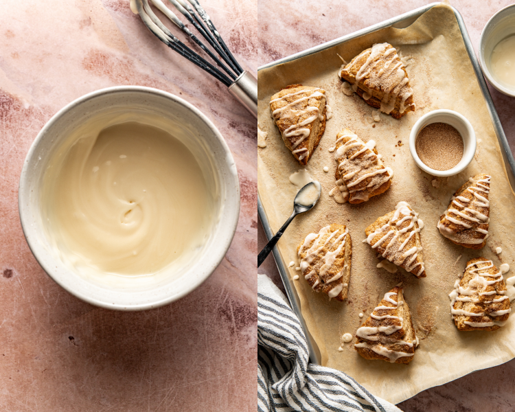 Side-by-side image of icing ingredients whisked together in small white bowl then drizzling over baked scones and adding cinnamon sugar mixture.