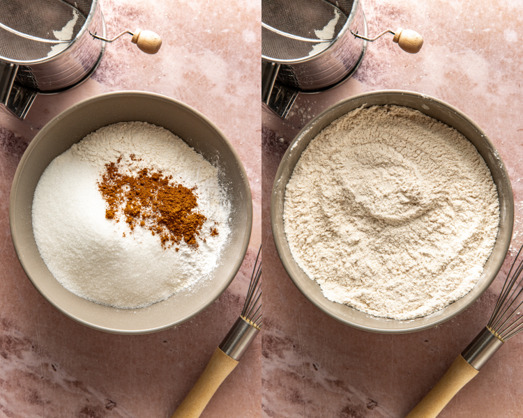 Side-by-side image of adding all the dry ingredients to large mixing bowl then mixing to combine.