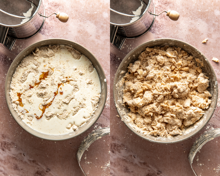Side-by-side image of adding the wet ingredients to the dry and mixing together to form shaggy dough.