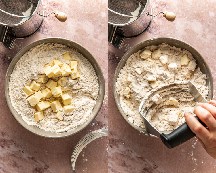Side-by-side image of adding cubed butter to flour mixture then cutting it in with pastry cutter.