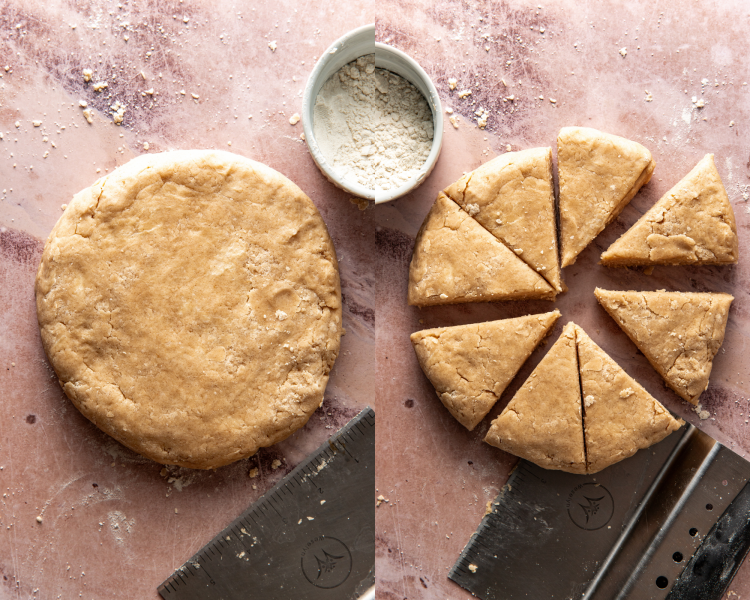 Side-by-side image of scone dough shaped into circle then cut into 8 triangles.
