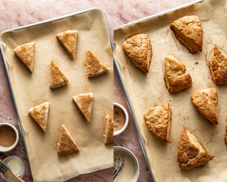 Side-by-side image of unbaked scones on parchment lined sheet then scones after baking.
