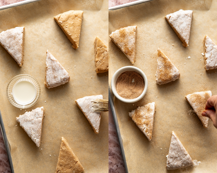 Side-by-side image of adding heavy cream to unbaked scones then topping with cinnamon sugar mixture.