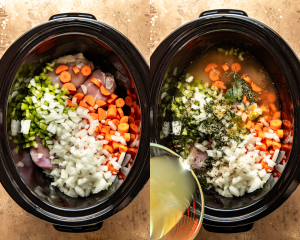 Side-by-side image of adding soup base ingredients to crockpot.