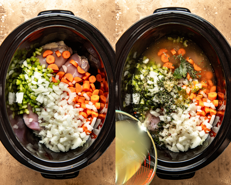 Side-by-side image of adding soup base ingredients to crockpot.