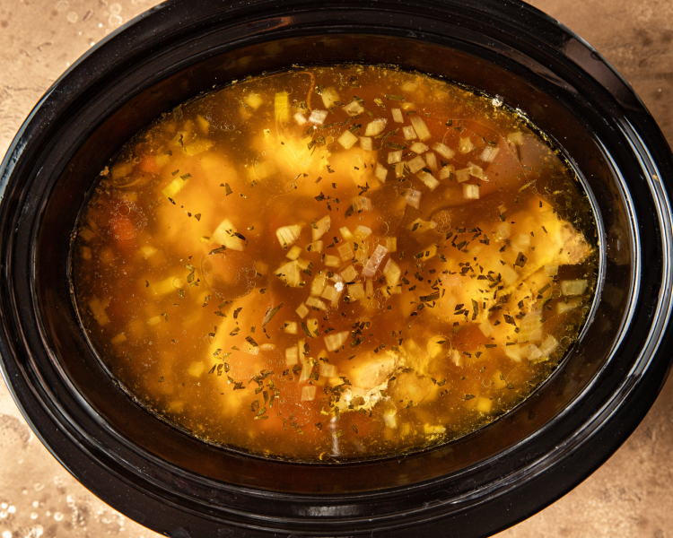 Lemon chicken soup ingredients cooked in crockpot for 7-8 hours on low or 3-4 hours on high.